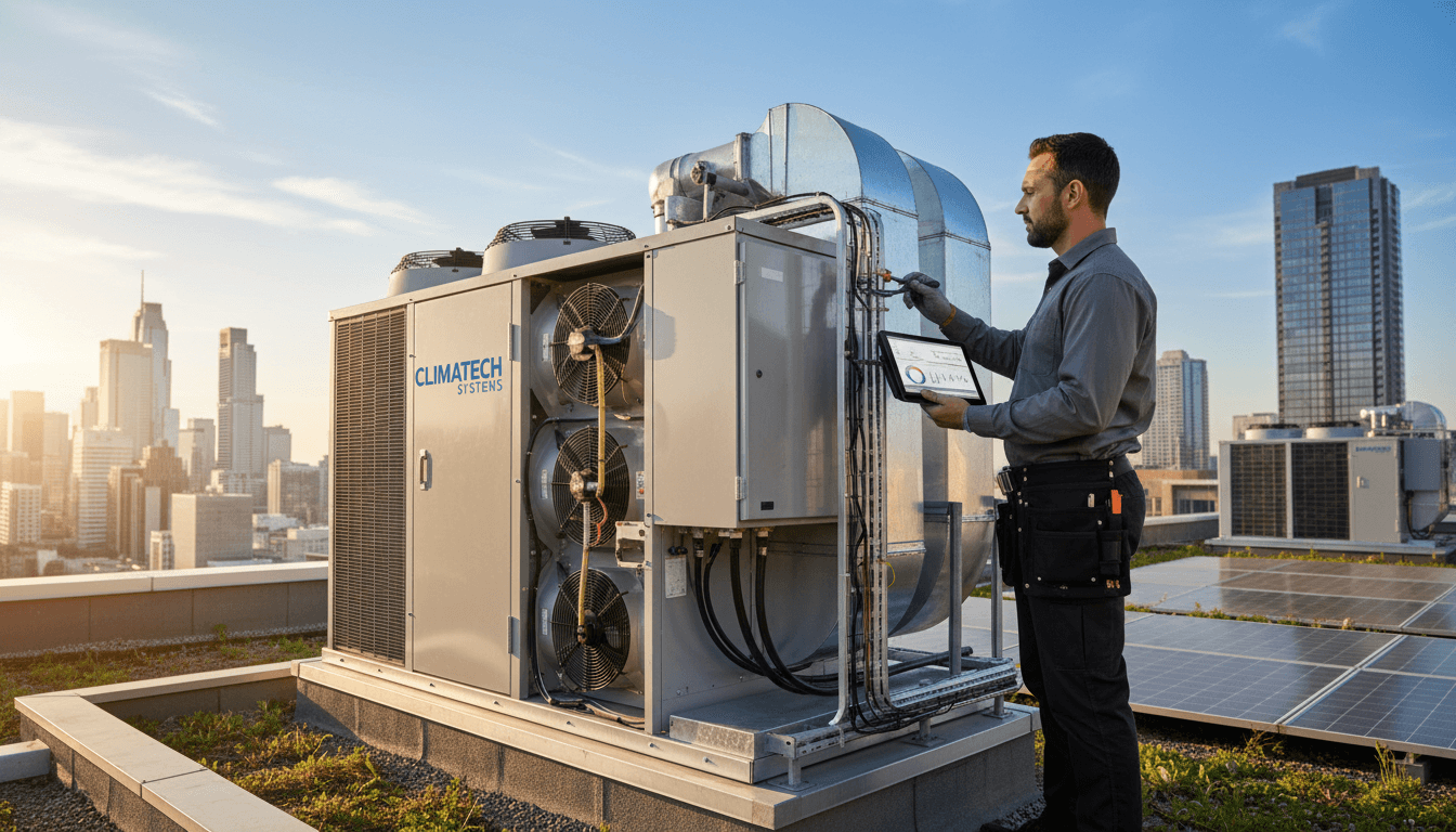 Technician inspecting a commercial HVAC unit