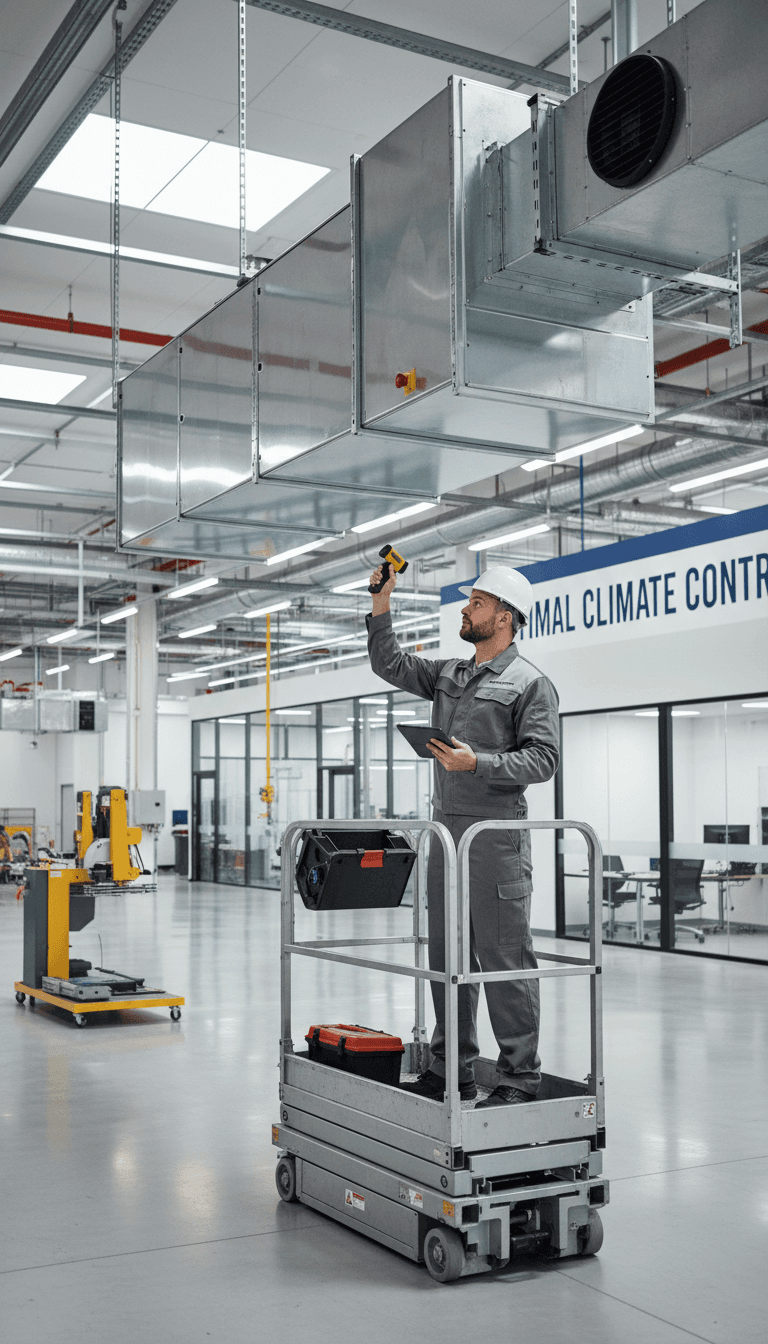 Maintenance technician inspecting HVAC equipment in a commercial facility