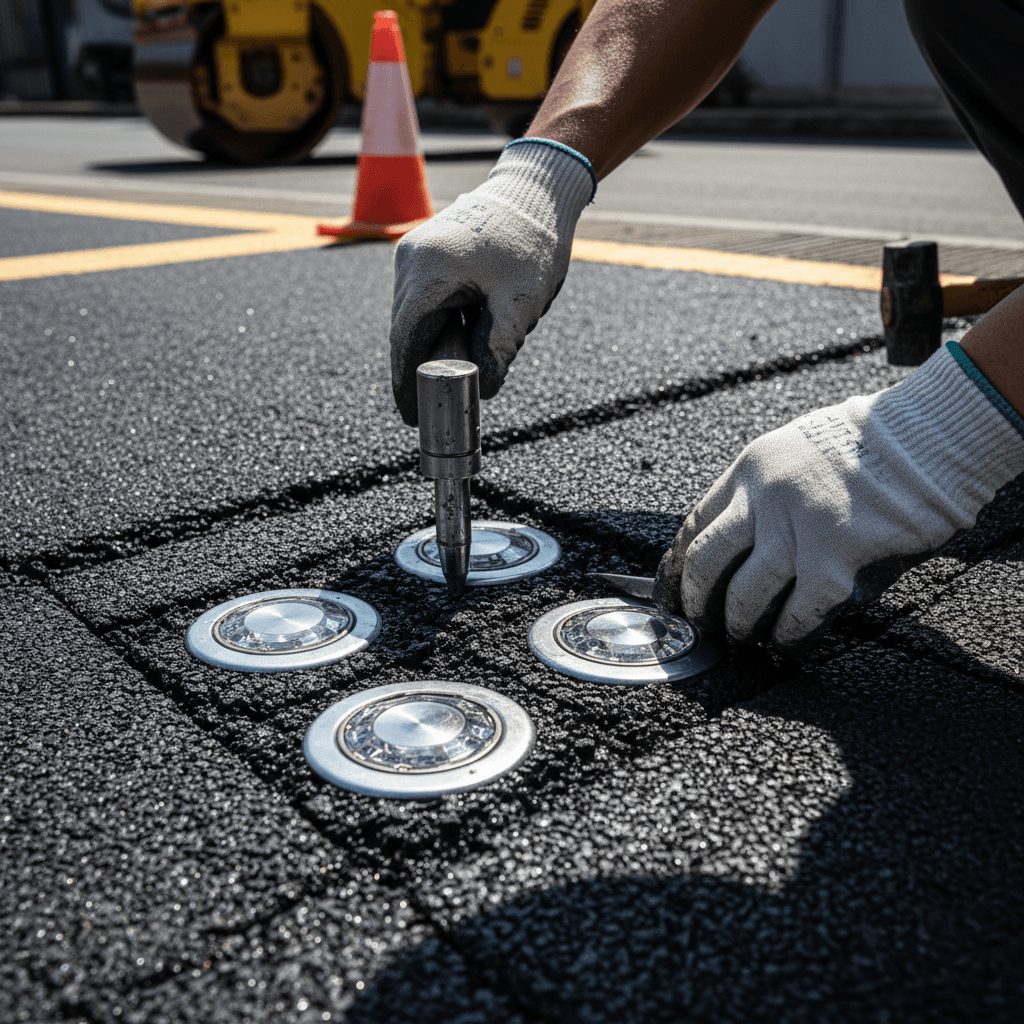 Technician hands installing reflective road studs into asphalt pavement with precision tools in daylight
