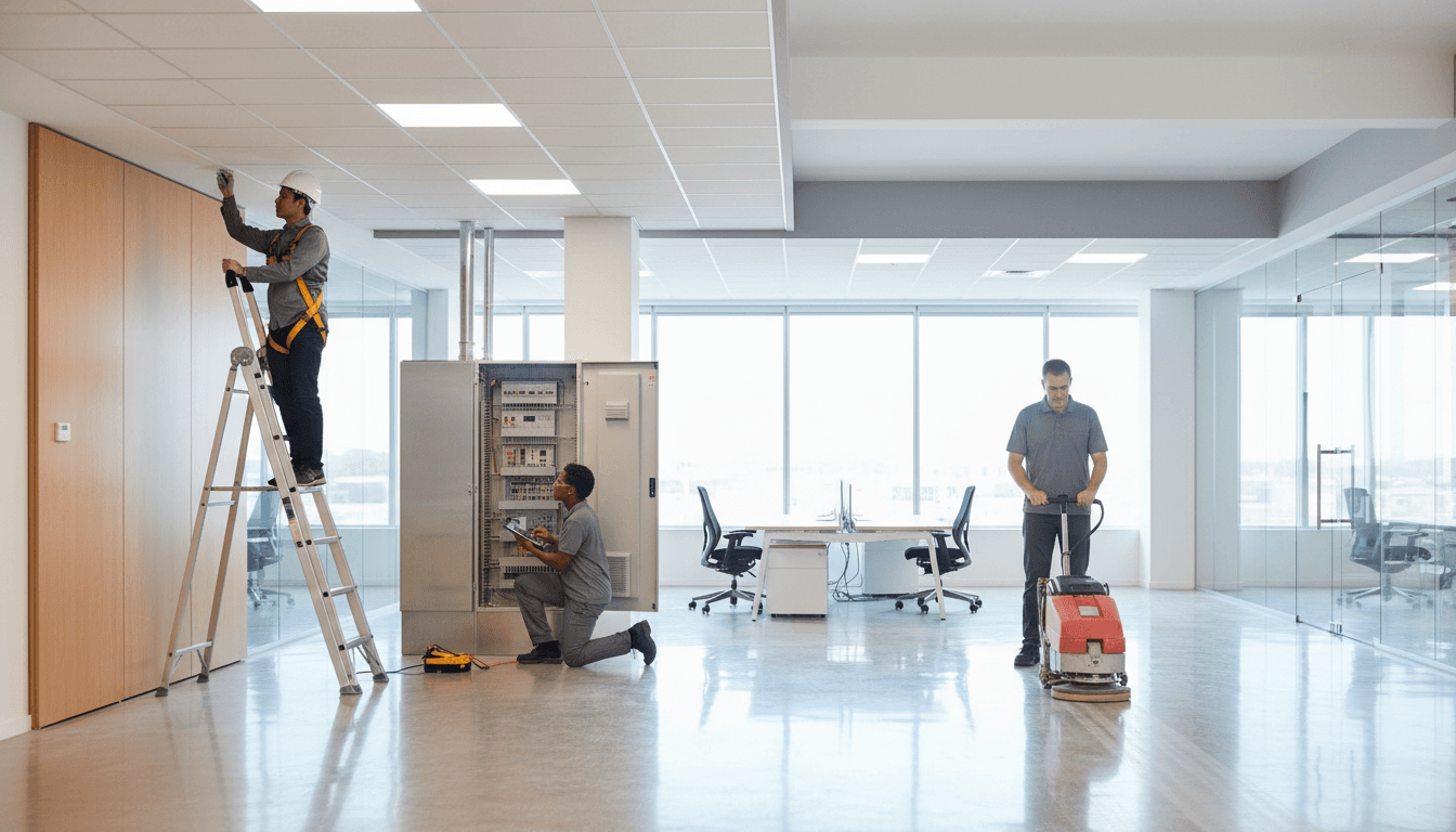 Diverse maintenance team performing HVAC, electrical, and janitorial services across modern commercial office space