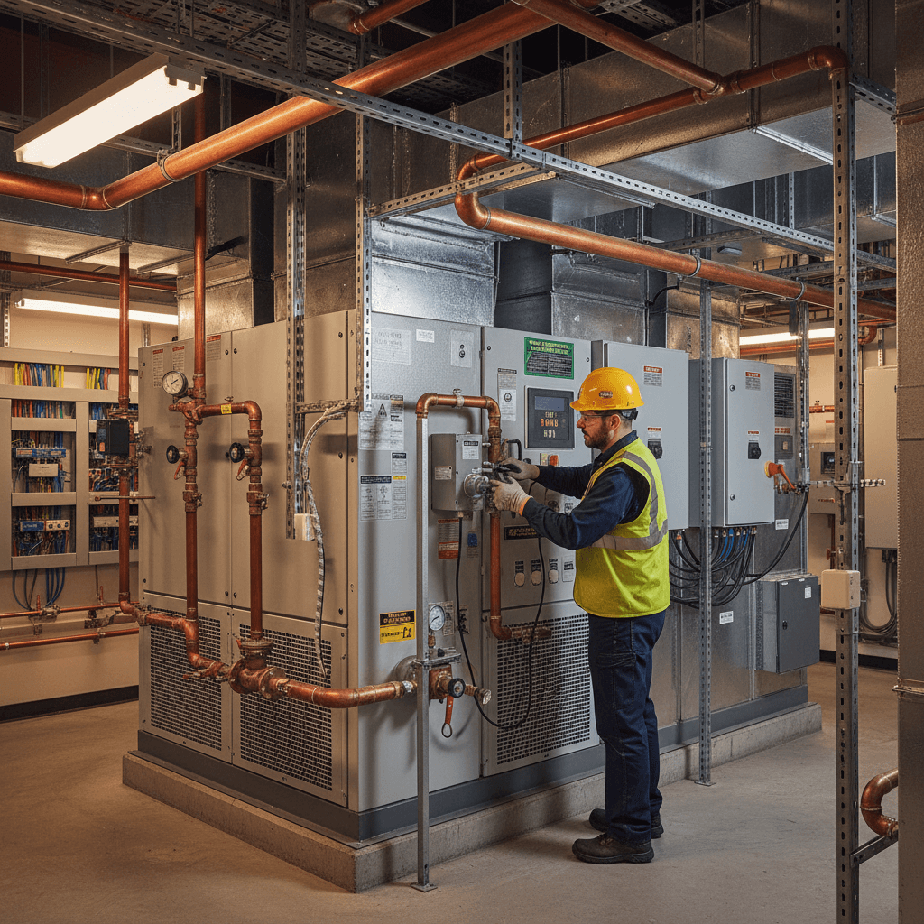HVAC technician working on heating and cooling system in mechanical room with visible ductwork and pipe systems