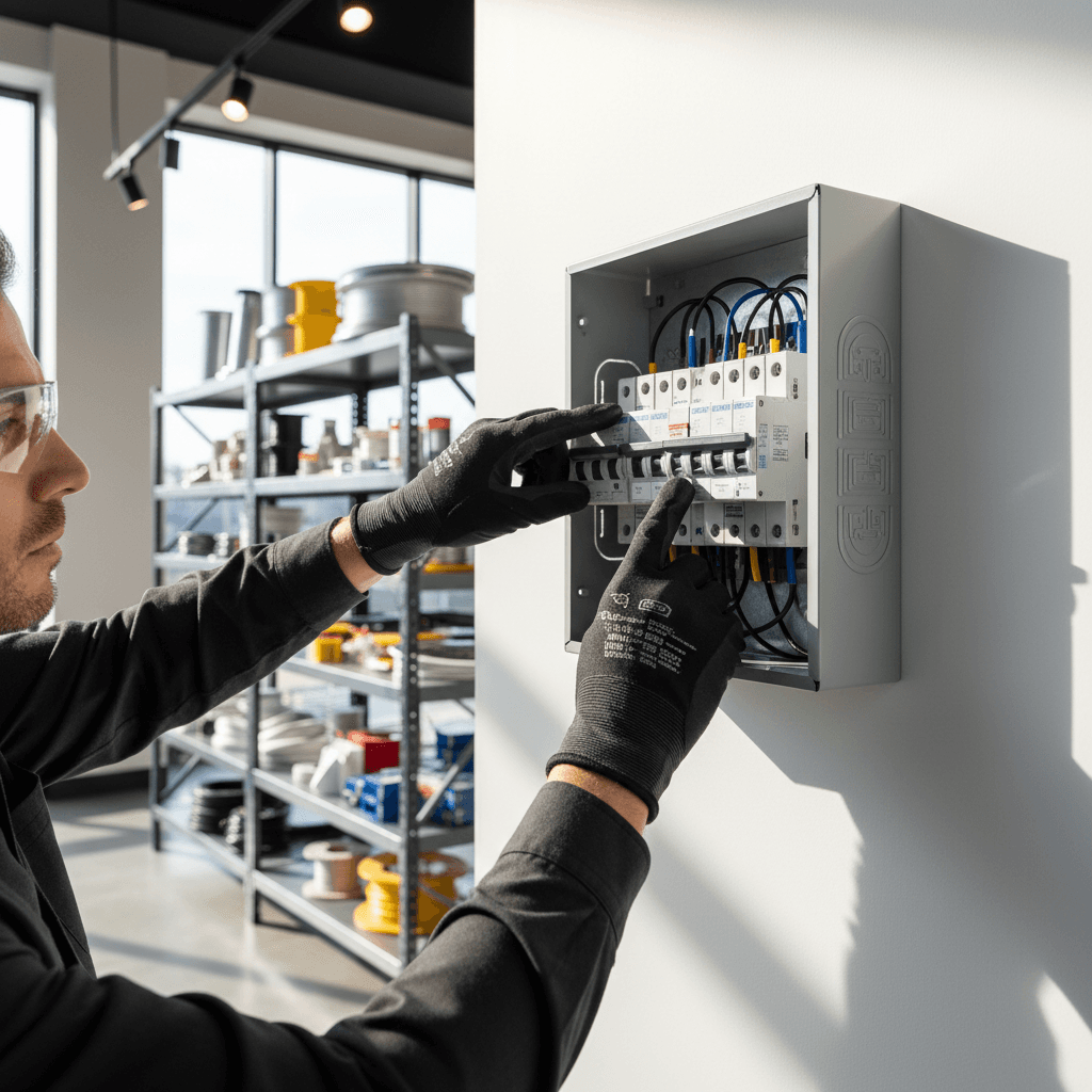 Contractor examining circuit breaker panel in well-lit electrical supply showroom with organized inventory
